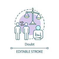 Doubt concept icon. Choice idea thin line illustration. Unsure person. Doubtful information. Lack of confidence. Risk uncertainty. Indecisive man. Vector isolated outline drawing. Editable stroke