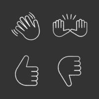 Hand gesture emojis chalk icons set. Hello, goodbye, stop, good job, disapproval gesturing. Waving and raising hands, thumbs up and down. Isolated vector chalkboard illustrations