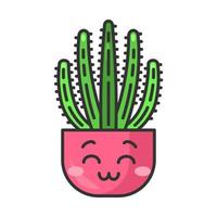 Organ pipe cactus cute kawaii vector character. Pitahaya with smiling face. Home cacti with smiling eyes. Flushed tropical plant in pot. Funny emoji, emoticon. Isolated cartoon color illustration