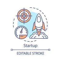 Startup concept icon. Start new project. Movement to goal. Strategic management. Spacecraft fly to target. Rocket launch idea thin line illustration. Vector isolated outline drawing. Editable stroke