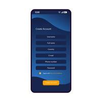 Create account smartphone interface vector template. Mobile login page blue design layout. Sign up required fields. Register form screen. Flat UI for application. New user registration. Phone display