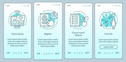 Plantilla de vector de pantalla de página de aplicación móvil de incorporación de citas en línea. registrarse, elegir funciones de búsqueda, encontrar las instrucciones del sitio web de la esposa con ilustraciones lineales. concepto de interfaz de teléfono inteligente ux, ui, gui