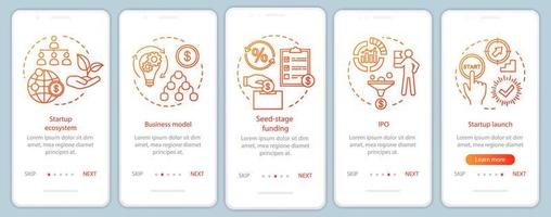 pantalla de página de la aplicación móvil de incorporación de inicio con conceptos lineales. instrucciones gráficas de los pasos del tutorial de creación de empresas. ux, ui, plantilla vectorial gui con ilustraciones vector