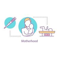 Motherhood concept icon. Childcare idea thin line illustration. Mother with newborn baby. Sick child. Vector isolated outline drawing