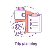 Going on trip concept icon. Travel planning idea thin line illustration. Money, passport, necessary things list. Vector isolated outline drawing