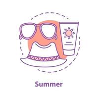 Summer rest concept icon. Sunglasses, hat, suntan cream. Summer accessories idea thin line illustration. Vector isolated outline drawing