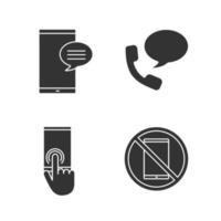 conjunto de iconos de glifo de comunicación telefónica. chat, mensaje de voz, pantalla táctil, prohibición de teléfonos inteligentes. símbolos de silueta. ilustración vectorial aislada vector