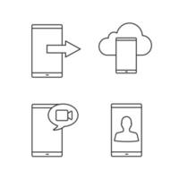 Phone communication linear icons set. Data transfer, smartphone cloud storage, video message, smartphone user. Thin line contour symbols. Isolated vector outline illustrations