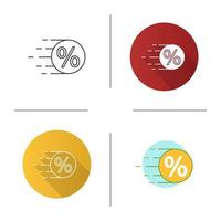 Flying coin with percent icon. Sale. Discount offer. Flat design, linear and color styles. Isolated vector illustrations