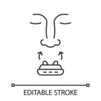 icono lineal del dispositivo antirronquidos. clip de tapones de ventilación nasal. Tratamiento de la apnea obstructiva del sueño. dejar de roncar ayudas. ilustración de línea delgada. símbolo de contorno dibujo de contorno aislado vectorial. trazo editable vector