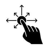 Touchscreen gesture glyph icon. Tap, point, click, drag gesturing. Drag finger all directions. Human hand. Using sensory devices. Silhouette symbol. Negative space. Vector isolated illustration