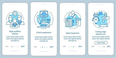 los beneficios del servicio médico incorporan la plantilla de vector de pantalla de la página de la aplicación móvil. atención médica de alta calidad. paso a paso del sitio web con ilustraciones lineales. ux, ui, concepto de interfaz de teléfono inteligente gui