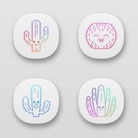 Cactuses app icons set. Plants with smiling faces. Laughing barrel cactus. Astonished elephant wild cacti. UI UX user interface. Web or mobile applications. Vector isolated illustrations