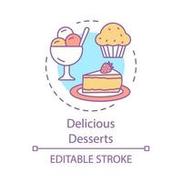 Delicious desserts concept icon. Sweets shop. Pastry, confectionery. Cake, cupcake, ice cream. Sweet treat menu. Candy bar idea thin line illustration. Vector isolated outline drawing. Editable stroke
