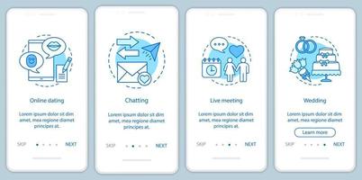 Online dating onboarding mobile app page screen vector template. Chatting, live meeting, wedding website instructions with linear illustrations. Matchmaking. UX, UI, GUI smartphone interface concept