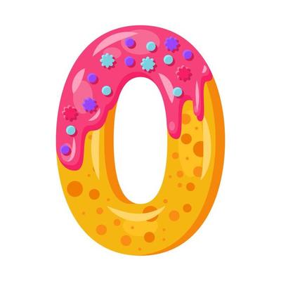 Donut cartoon zero number vector illustration. Biscuit font style. Glazed bold symbol with icing. Tempting flat design typography. Cookies, waffle math sign. Pastry, bakery isolated clipart