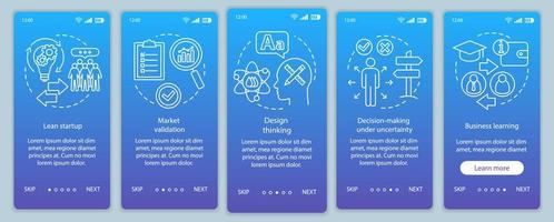 principios de inicio que incorporan la plantilla de vector de pantalla de la página de la aplicación móvil. negocio de construcción. emprendimiento paso a paso del sitio web con ilustraciones lineales. ux, ui, concepto de interfaz de teléfono inteligente gui