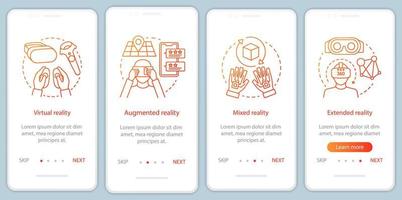 pantalla de página de aplicación móvil de incorporación de realidad extendida con concepto lineal. Instrucciones gráficas de pasos de recorrido de realidades virtuales, aumentadas y mixtas. ux, ui, plantilla vectorial gui con ilustraciones vector