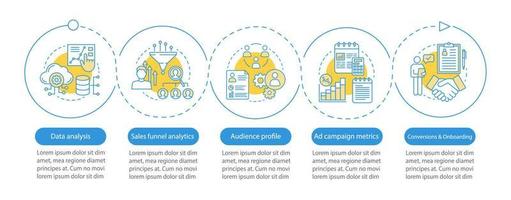 SMM courses vector infographic template. Web analytics. Marketing. Business presentation design elements. Data visualization with steps and options. Process timeline chart. Workflow layout with icons