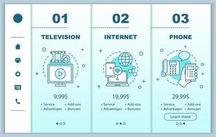 Cable TV, internet, phone bundle onboarding mobile app screens with prices. Walkthrough website pages templates. Communication services providers tariff plans steps. Smartphone payment web page layout vector