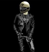 biker in leather jacket using... vector