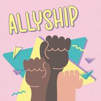 Movement against discrimination inequality anti-racism. Allyship woman feminism. International woman day. Multicultural hands holding. Community team concept. Racial equality. vector