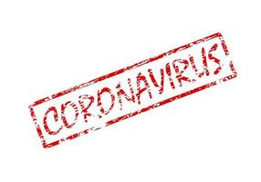 Coronavirus word in red square with grungy texture. Distressed rubber stamp vector illustration on white background.