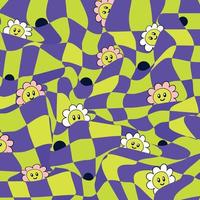 Groovy Retro Grid Wallpaper with Trippy Psychedelic Smiles 70s vector