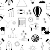 Hand drawn seamless pattern with startup elements. Development of an innovative business idea with the help of investments. Doodle style. Sketch. Vector illustration.