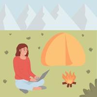 Woman works remotely using a computer in nature. Online communication away from home. Concept. Vector illustration