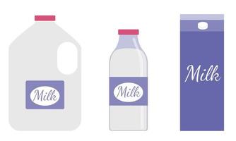 Set of packages with milk. Plastic, glass and cardboard packaging. Product is rich in calcium and healthy. Flat. Vector illustration