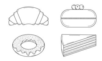 Hand drawn set of confectionery products. Sweet pastries for the bakery. Croissant, muffin, cake and donut. Doodle style. Sketch. Vector illustration