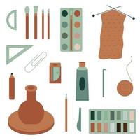 Set of tools for hobbies and crafts. Modeling from clay and plasticine, drawing and knitting. Flat. Vector illustration