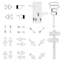 Hand drawn set of pointers to help find the way. Arrows indicating the direction. Doodle style. Sketch. Vector illustration