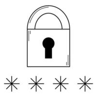 Hand drawn closed lock with a field for entering a password. Data security protection. Doodle style. Sketch. Vector illustration