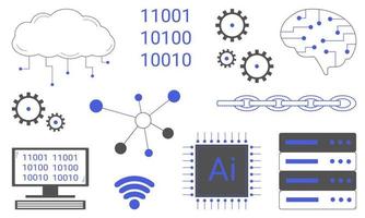 Set of artificial intelligence elements. Development of technologies for the development of science and education. Flat style. Vector illustration