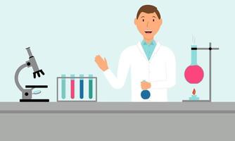 Man in a scientific laboratory is conducting research with the help of medical equipment. Concept. Vector illustration.