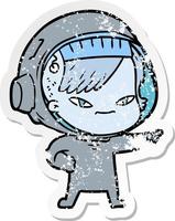 pegatina angustiada de una mujer astronauta de dibujos animados vector
