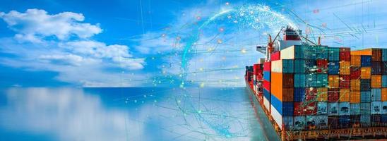Communication technology for internet business Cyber. Global planet with Stern of large cargo ship import export container box on the ocean sea on blue sky back ground concept transportation logistic photo
