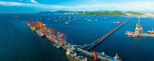 Cargo ship carrying container mooring ship at cargo international port and long Bridge for the Truck import export cargo at marina dock sea port concept freight shipping logistic and transportation photo