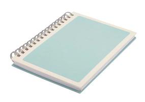 Light blue spiral notebook with white frame on cover page isolated on white background photo