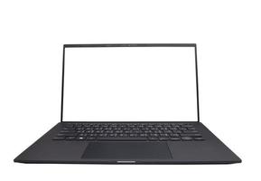 Black laptop with empty screen isolated on white background. photo