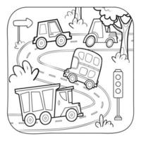 Car black and white. Coloring book or Coloring page for kids. Nature background vector illustration