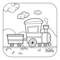 Train black and white. Coloring book or Coloring page for kids. Nature background vector illustration