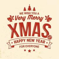 le deseamos una muy feliz navidad y feliz año nuevo sello, juego de pegatinas con acebo, baya, árbol de navidad, campana. vector