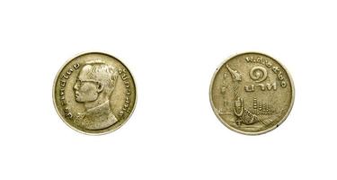 Ancient Hole nickel coin one baht year 1977 back and front  of Thailand isolated on white background. photo