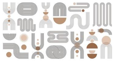 Conjunto de formas geométricas estéticas boho abstracto. Diseño contemporáneo de líneas de mediados de siglo con fases de sol y luna, estilo bohemio de moda. ilustración vectorial moderna vector