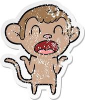 distressed sticker of a shouting cartoon monkey shrugging shoulders vector