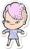 distressed sticker of a cute cartoon girl with hipster haircut vector