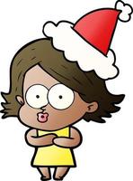 gradient cartoon of a girl pouting wearing santa hat vector